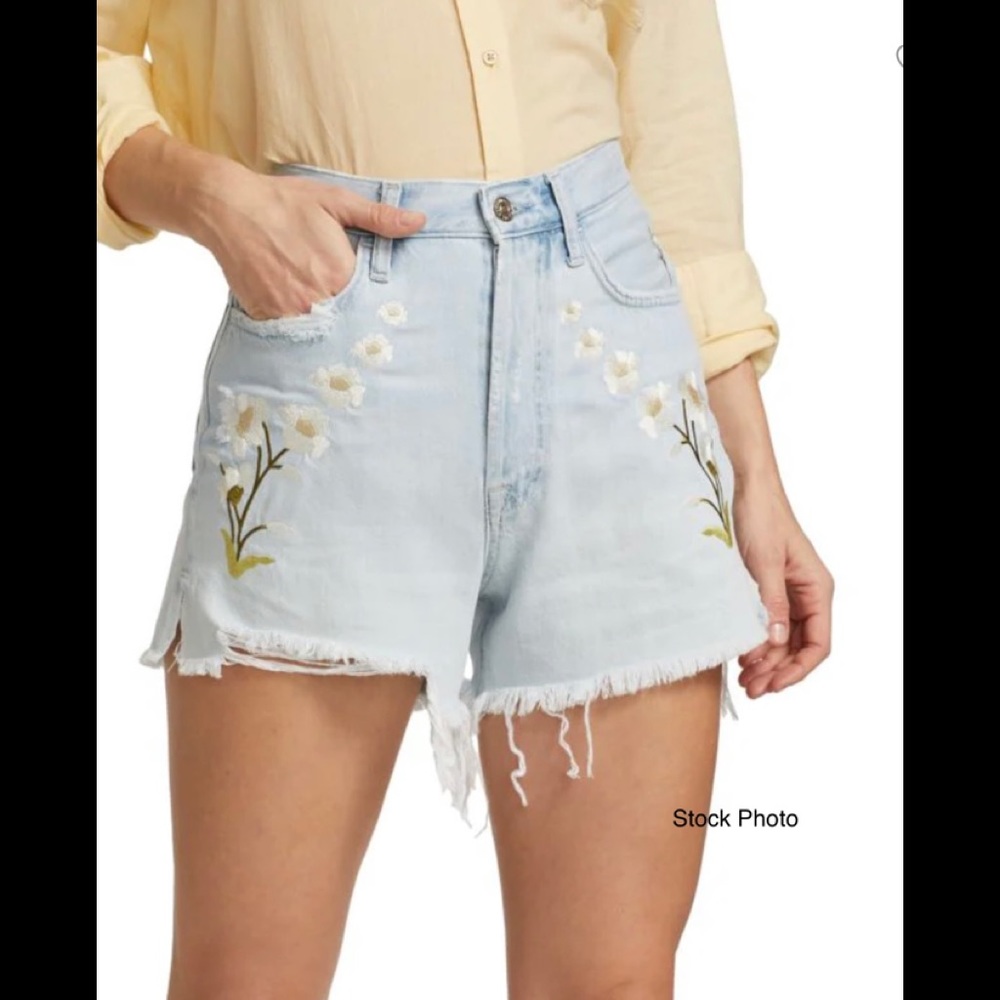 7 For All Mankind Light Blue Jean Shorts with Floral Embroidery